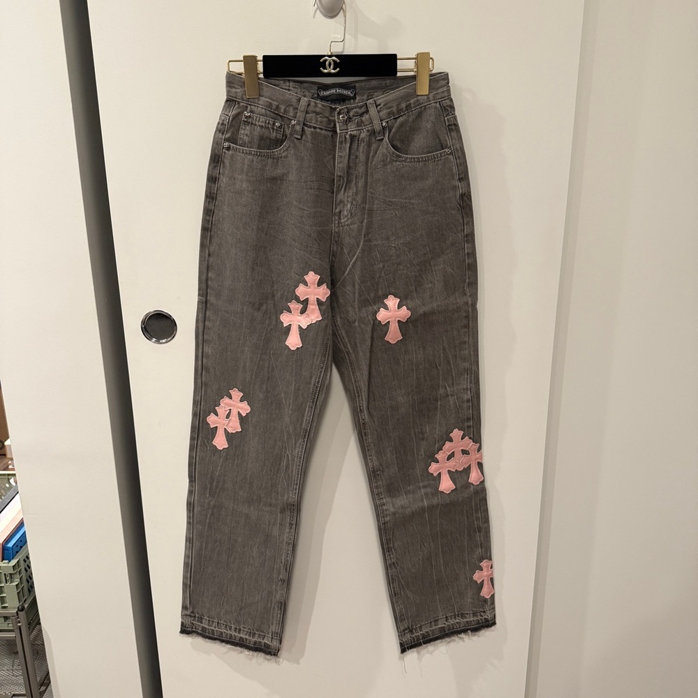 Grey Denim Jeans with Pink Cross Patches